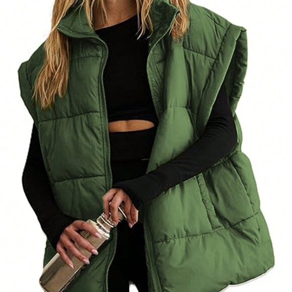 Army Green Casual Women's stand collar Sleeveless Quilted Puffer Vest Jacket - Picture 1 of 5